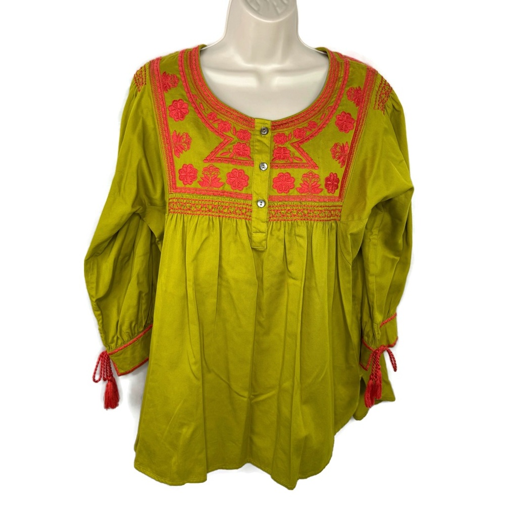 John Mark Boho Tunic Top Spring Green with Coral Pink Floral Embroidery Medium